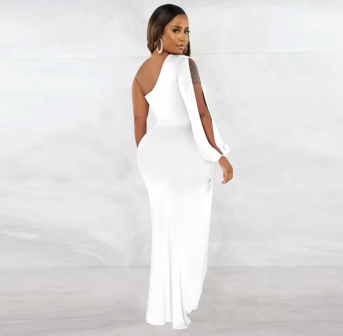 HIGH SPLIT BODY-CON ONE SLEEVE MAXI DRESS