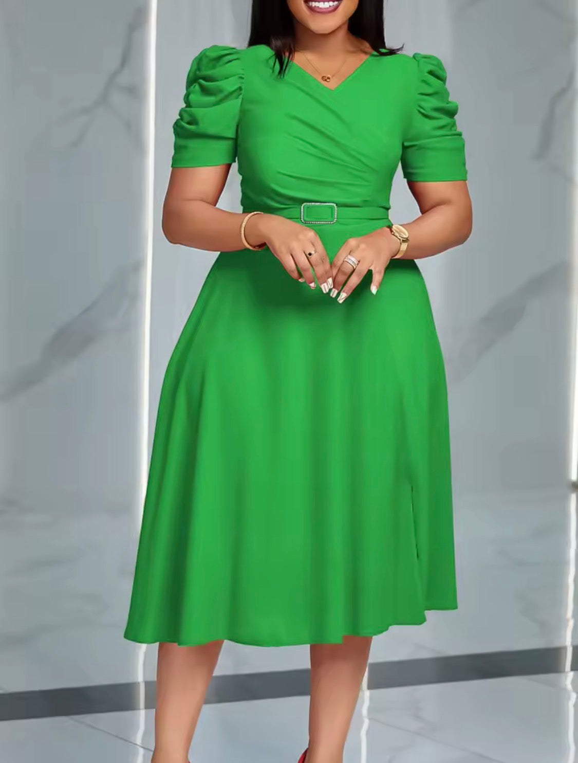 ELEGANT V-Neck PUFF SLEEVE PARTY FORMAL DRESS