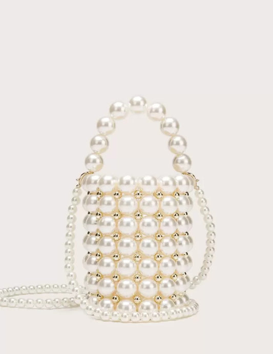 RHINESTONE DECOR PEARL BUCKET BAG
