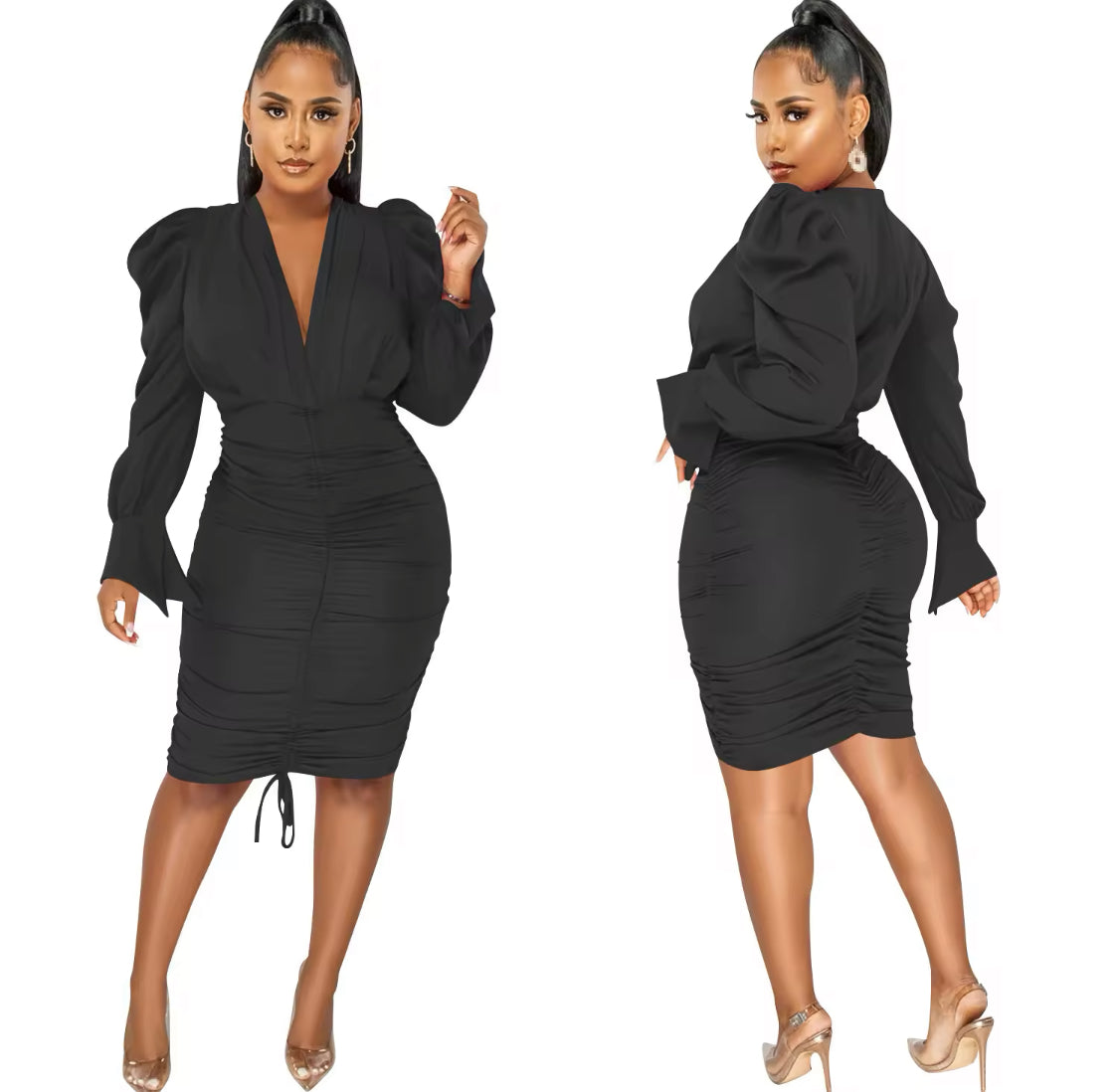 V NECK BODY-CON RUCHED LONG SLEEVE MIDI DRESS