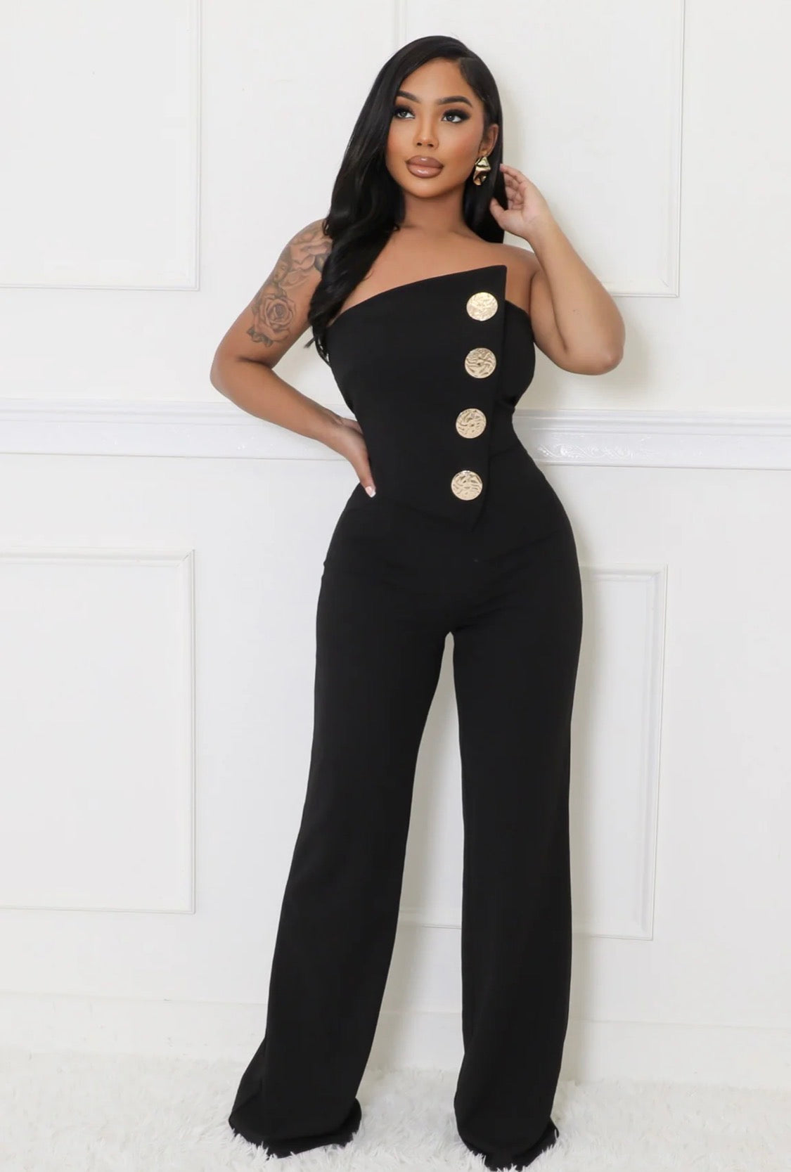 CLASSY ELEGANT TUBE TOP GOLD BOTTON DETAILS JUMPSUIT