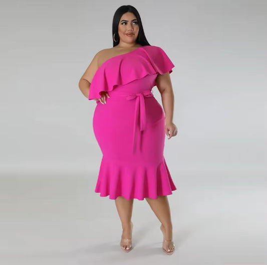 ONE SHOULDER RUFFLES BODY-CON PLUS SIZE MIDI FORMAL DRESS