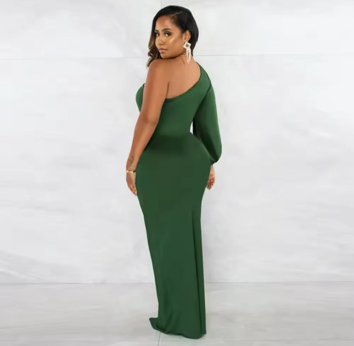 HIGH SPLIT BODY-CON ONE SLEEVE MAXI DRESS