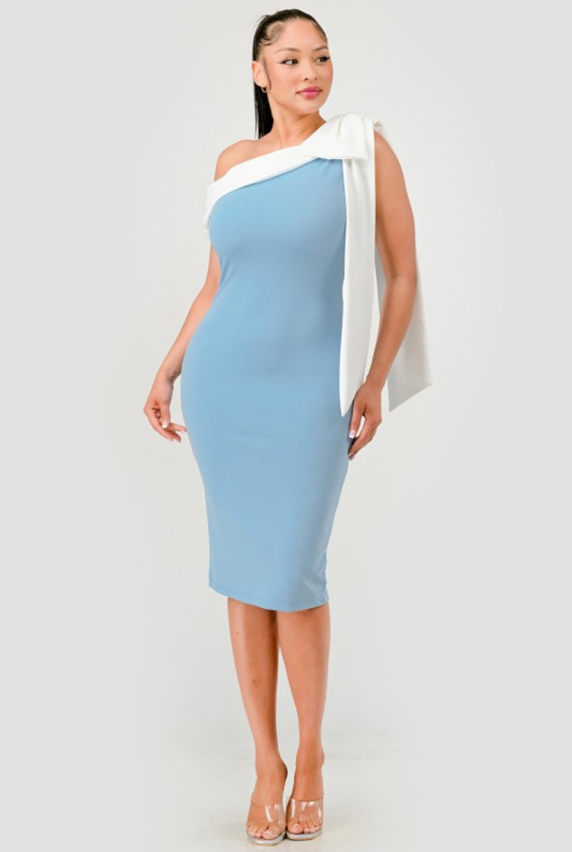 ELEGANT BOW ONE SHOULDER BODYCON MIDI DRESS
