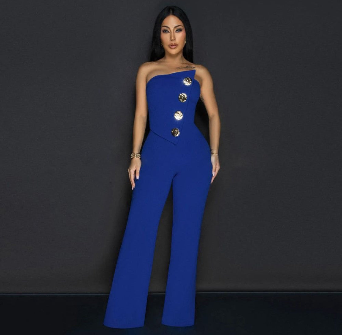 CLASSY ELEGANT TUBE TOP GOLD BOTTON DETAILS JUMPSUIT