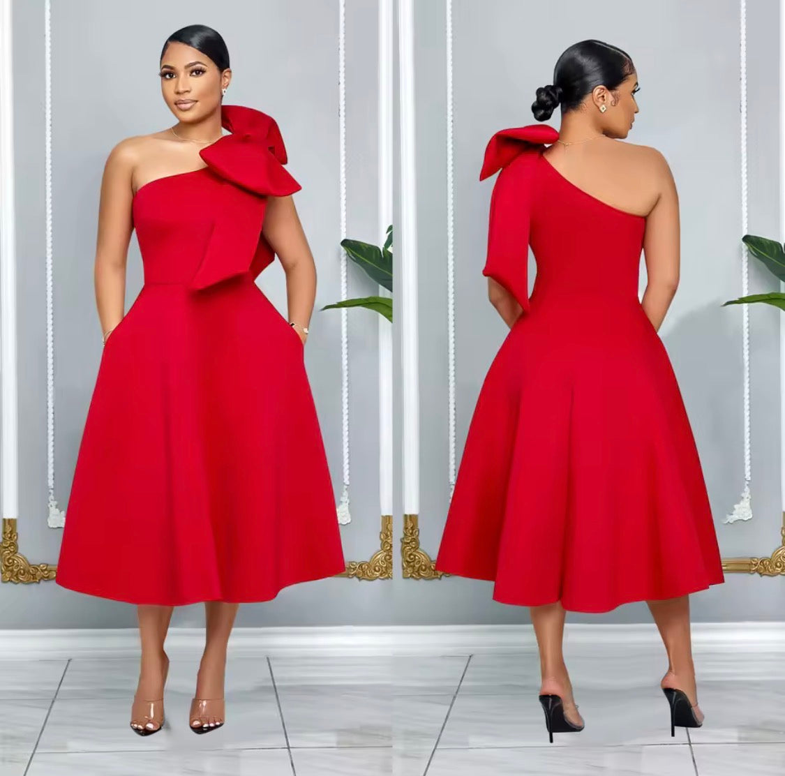 ELEGANT OVERSIZED BOW ONE SHOULDER MID CALF FORMAL DRESS