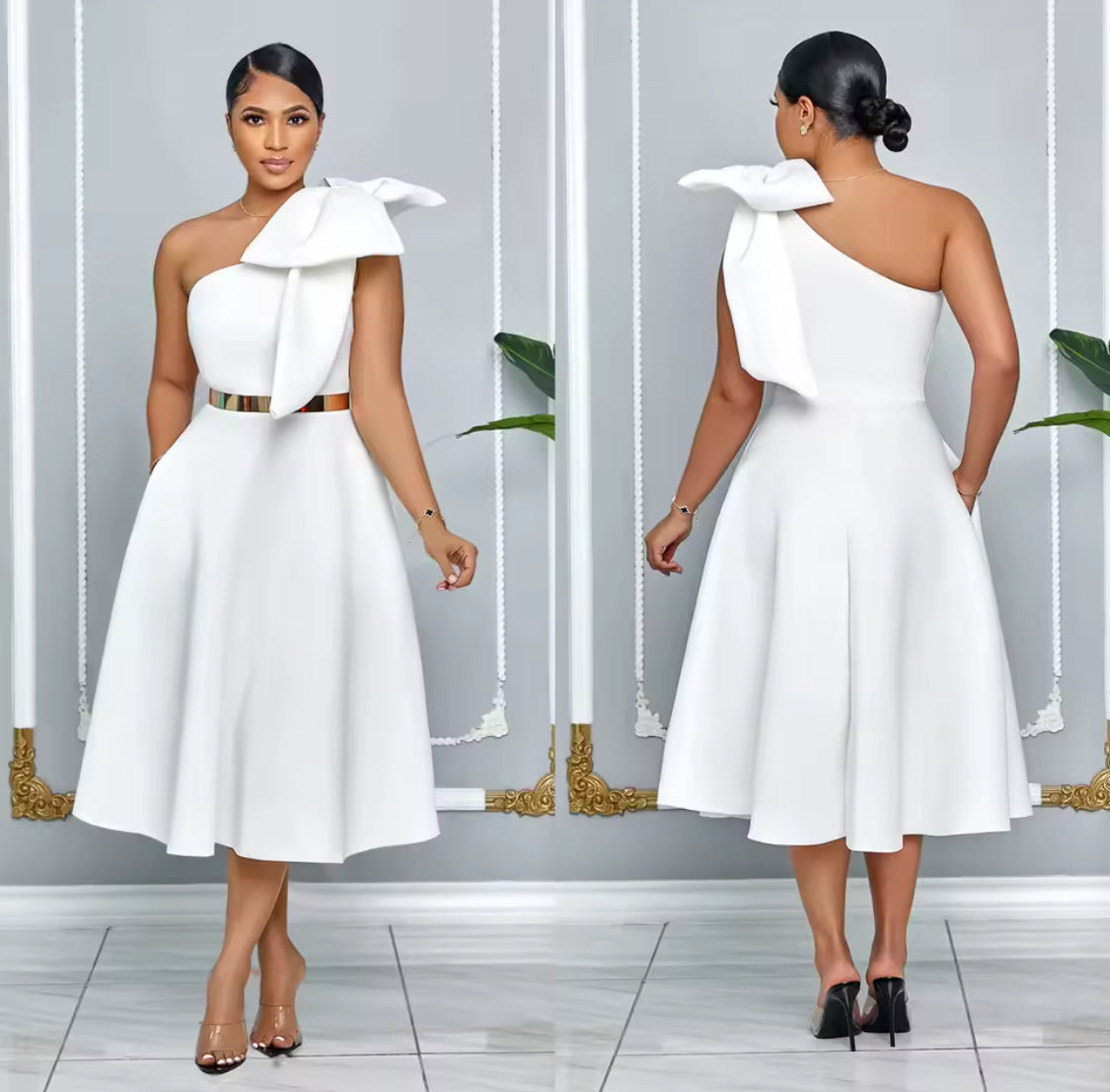 ELEGANT OVERSIZED BOW ONE SHOULDER MID CALF FORMAL DRESS
