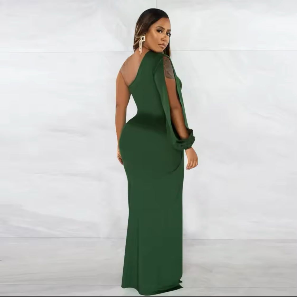 HIGH SPLIT BODY-CON ONE SLEEVE MAXI DRESS