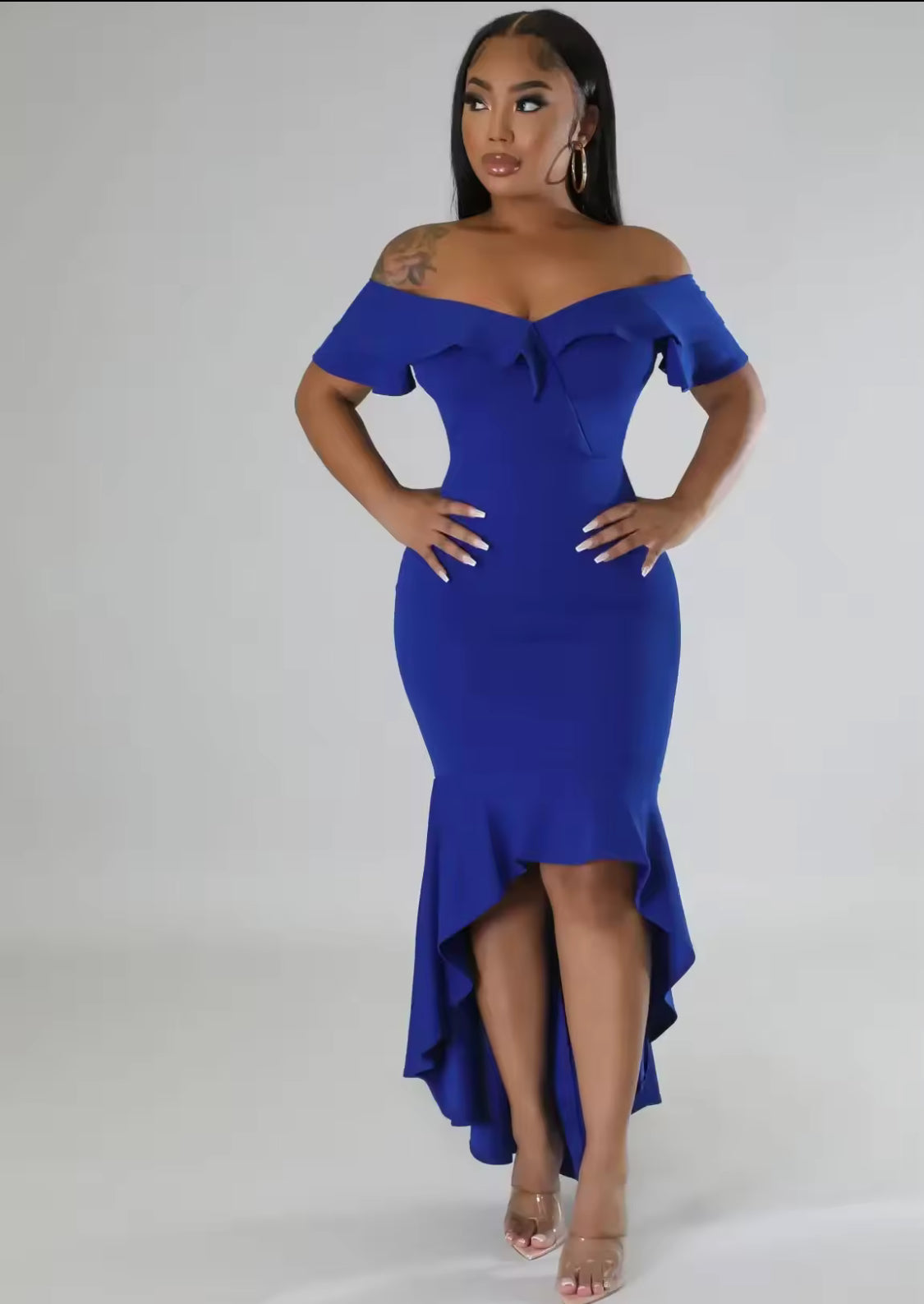 OFF SHOULDER RUFFLE HIGH LOW MAXI DRESS