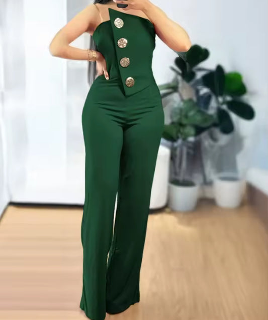 CLASSY ELEGANT TUBE TOP GOLD BOTTON DETAILS JUMPSUIT