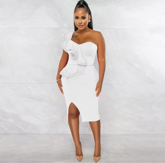 ONE SHOULDER SIDE SLIT MIDI RUFFLE DRESS