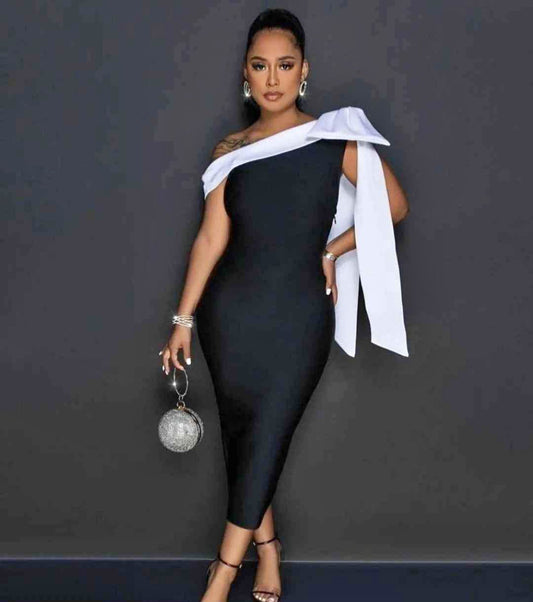 ELEGANT BOW ONE SHOULDER BODYCON MIDI DRESS