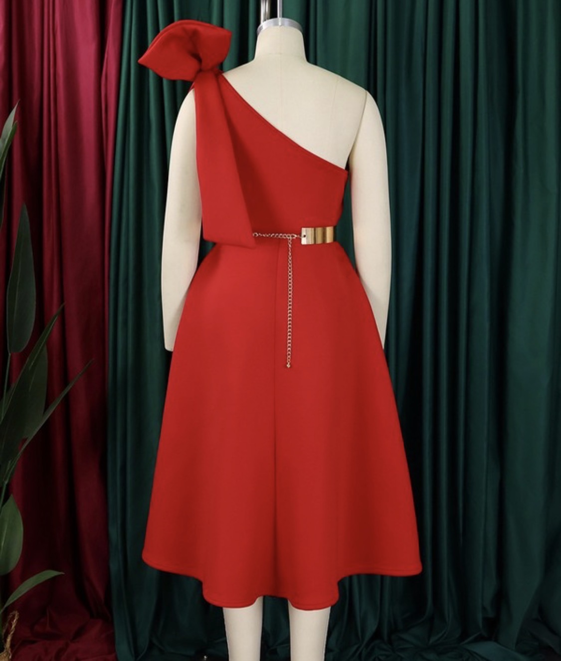 ELEGANT OVERSIZED BOW ONE SHOULDER MID CALF FORMAL DRESS