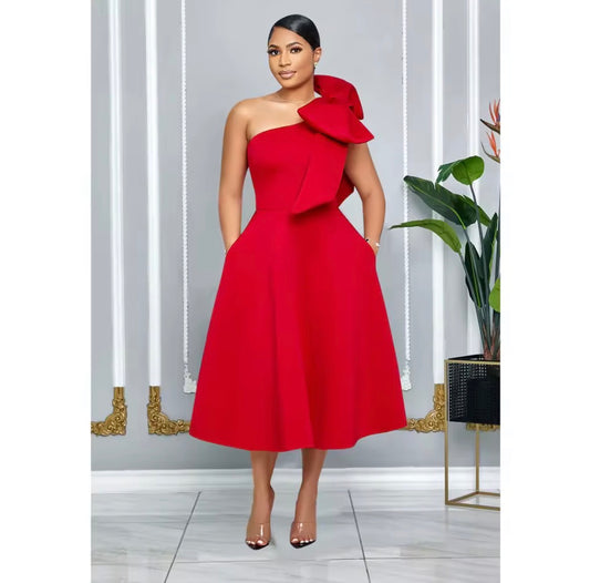 ELEGANT OVERSIZED BOW ONE SHOULDER MID CALF FORMAL DRESS