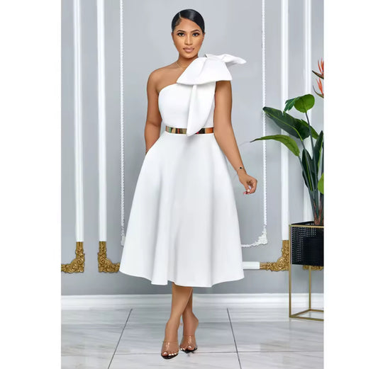 ELEGANT OVERSIZED BOW ONE SHOULDER MID CALF FORMAL DRESS