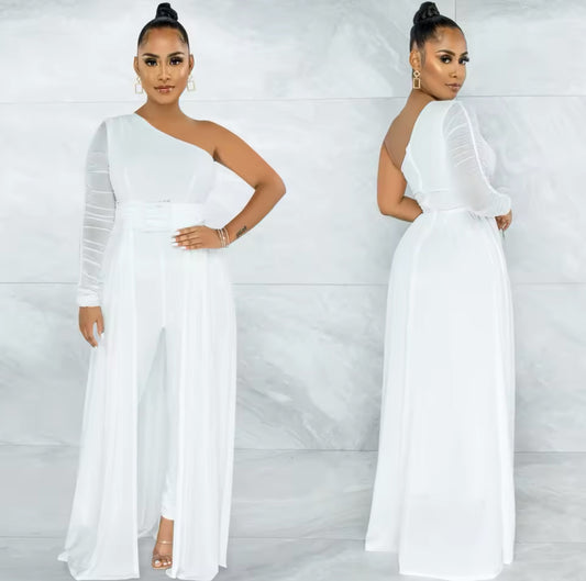 ONE SHOULDER LONG SLEEVE SHEER MESH JUMPSUIT