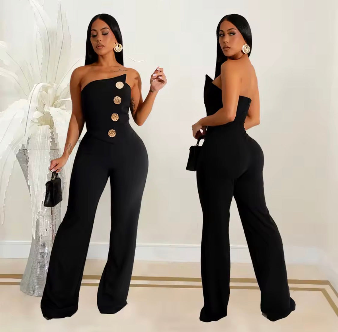 CLASSY ELEGANT TUBE TOP GOLD BOTTON DETAILS JUMPSUIT