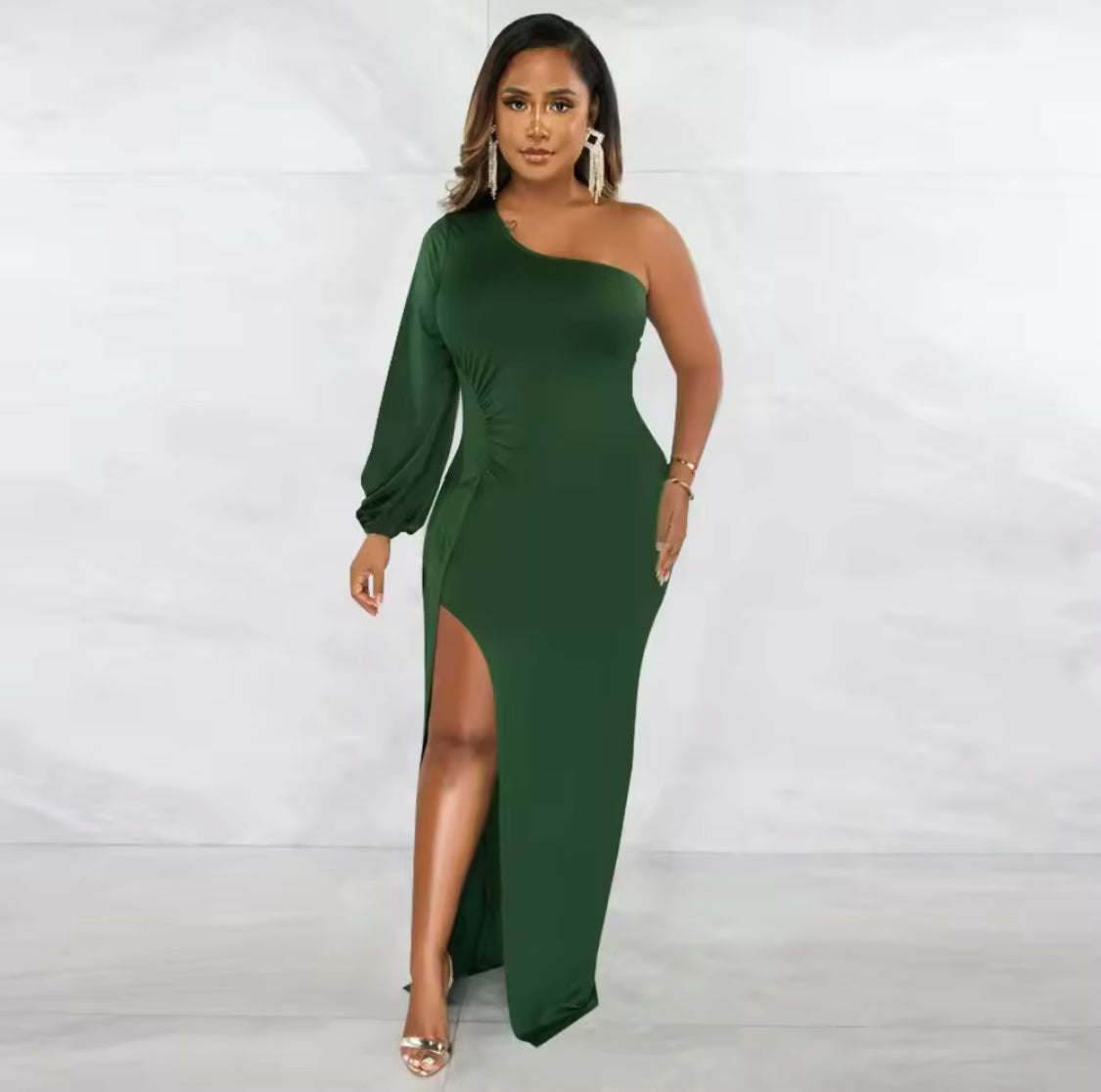 HIGH SPLIT BODY-CON ONE SLEEVE MAXI DRESS