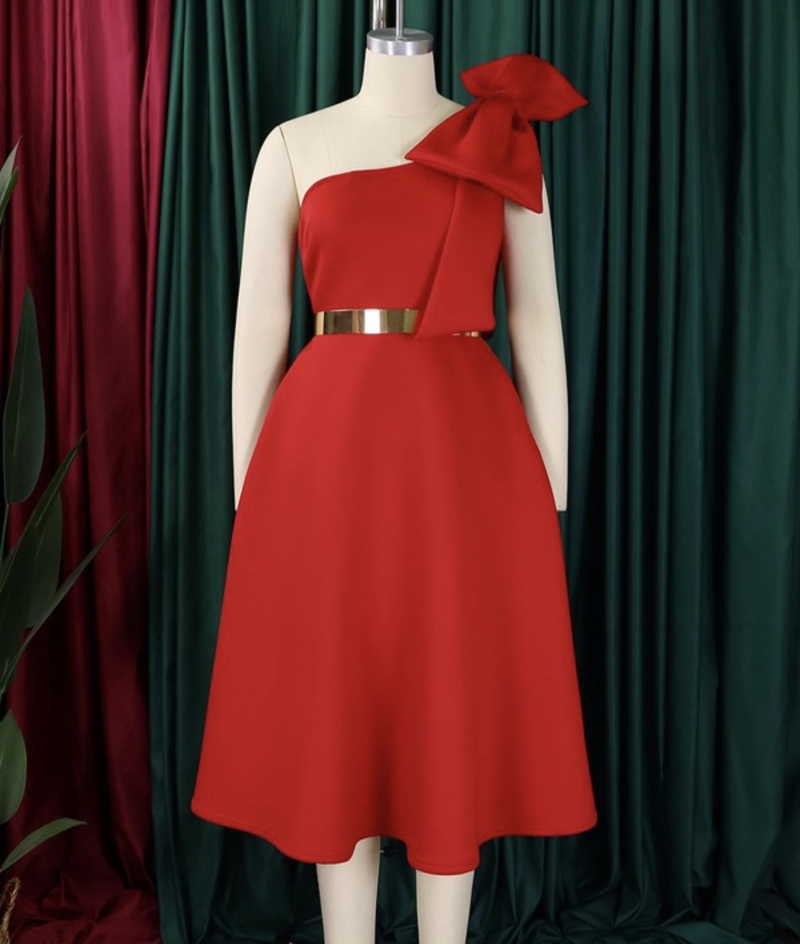 ELEGANT OVERSIZED BOW ONE SHOULDER MID CALF FORMAL DRESS