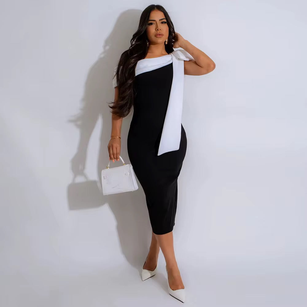 ELEGANT BOW ONE SHOULDER BODYCON MIDI DRESS
