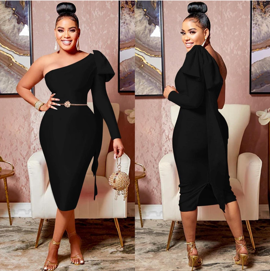 ONE SLEEVE BIG BOW DESIGN BODY-CON FORMAL MIDI DRESS