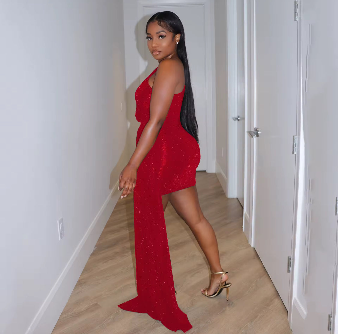 ONE SHOULDER GLITTER LONG SLEEVE BODY-CON FORMAL PARTY BIRTHDAY DRESS