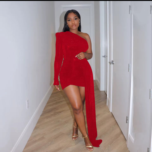 ONE SHOULDER GLITTER LONG SLEEVE BODY-CON FORMAL PARTY BIRTHDAY DRESS