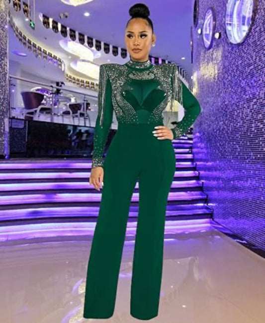 SHEER MESH RHINESTONE TASSEL DECOR LONG SLEEVE STRAIGHT JUMPSUIT