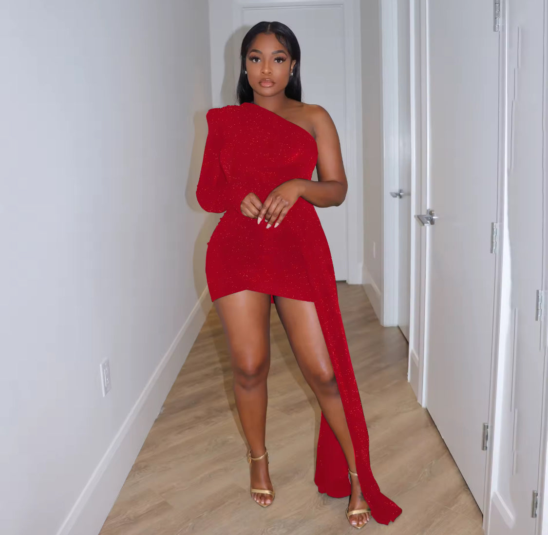 ONE SHOULDER GLITTER LONG SLEEVE BODY-CON FORMAL PARTY BIRTHDAY DRESS