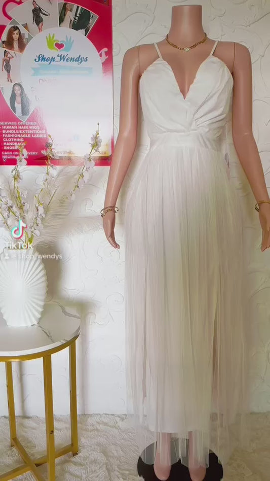 PLEATED MESH SLIT MAXI DRESS