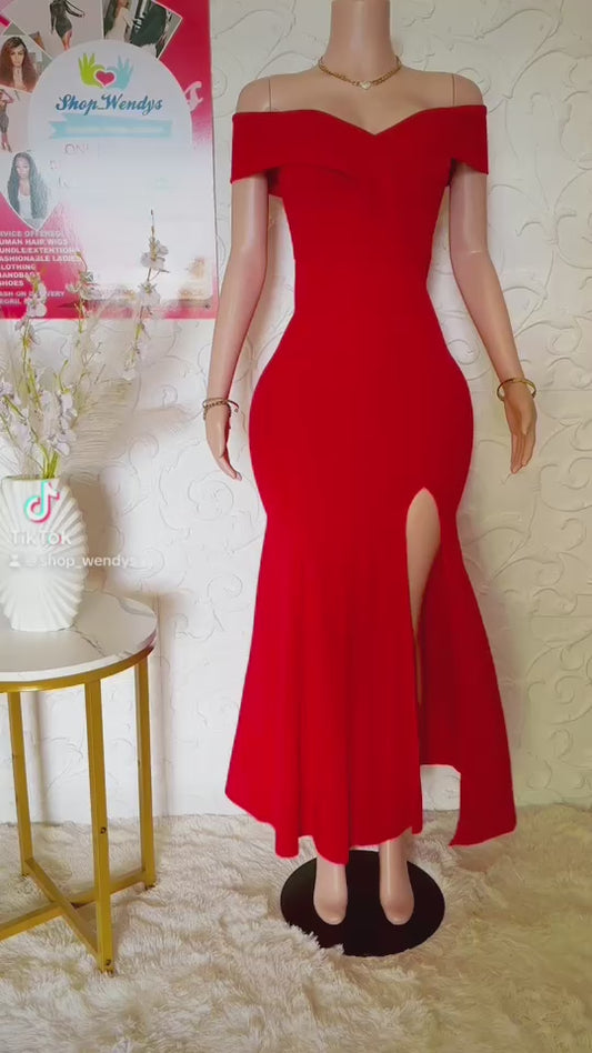OFF THE SHOULDER HIGH SLIT MAXI DRESS