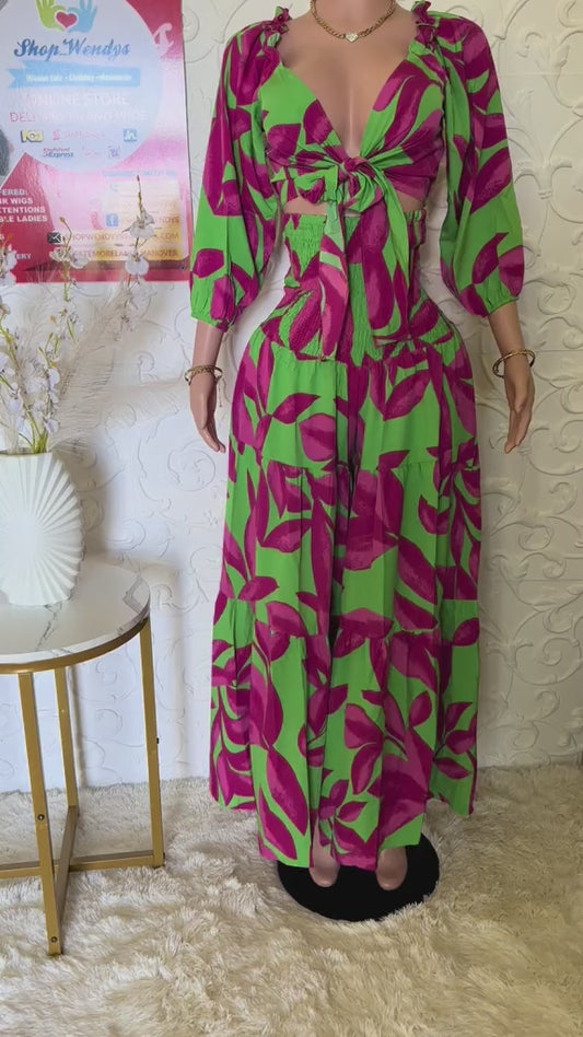 TROPICAL PATTERN TWO PIECE CROP TOP WIDE LEG PANTS SET